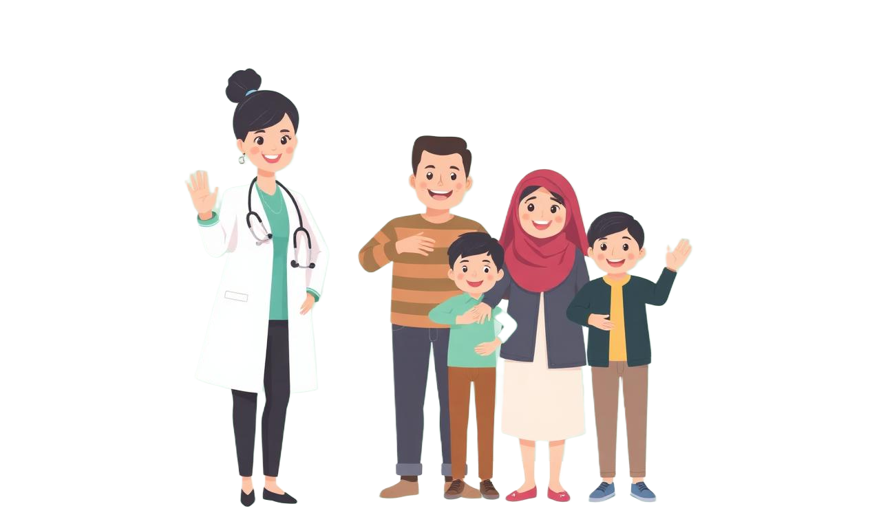 Ilustrasi dokter dan keluarga Sahabat Pasien